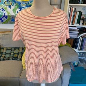 Lands End Striped Cotton Tee Shirt L 14-16 Coral Yellow VGUC